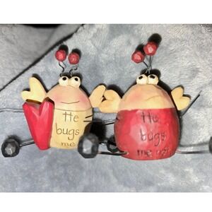Vintage B. Lloyd Hand-Carved Wood "He Bugs Me" Figurine Set - 2pc Valentine